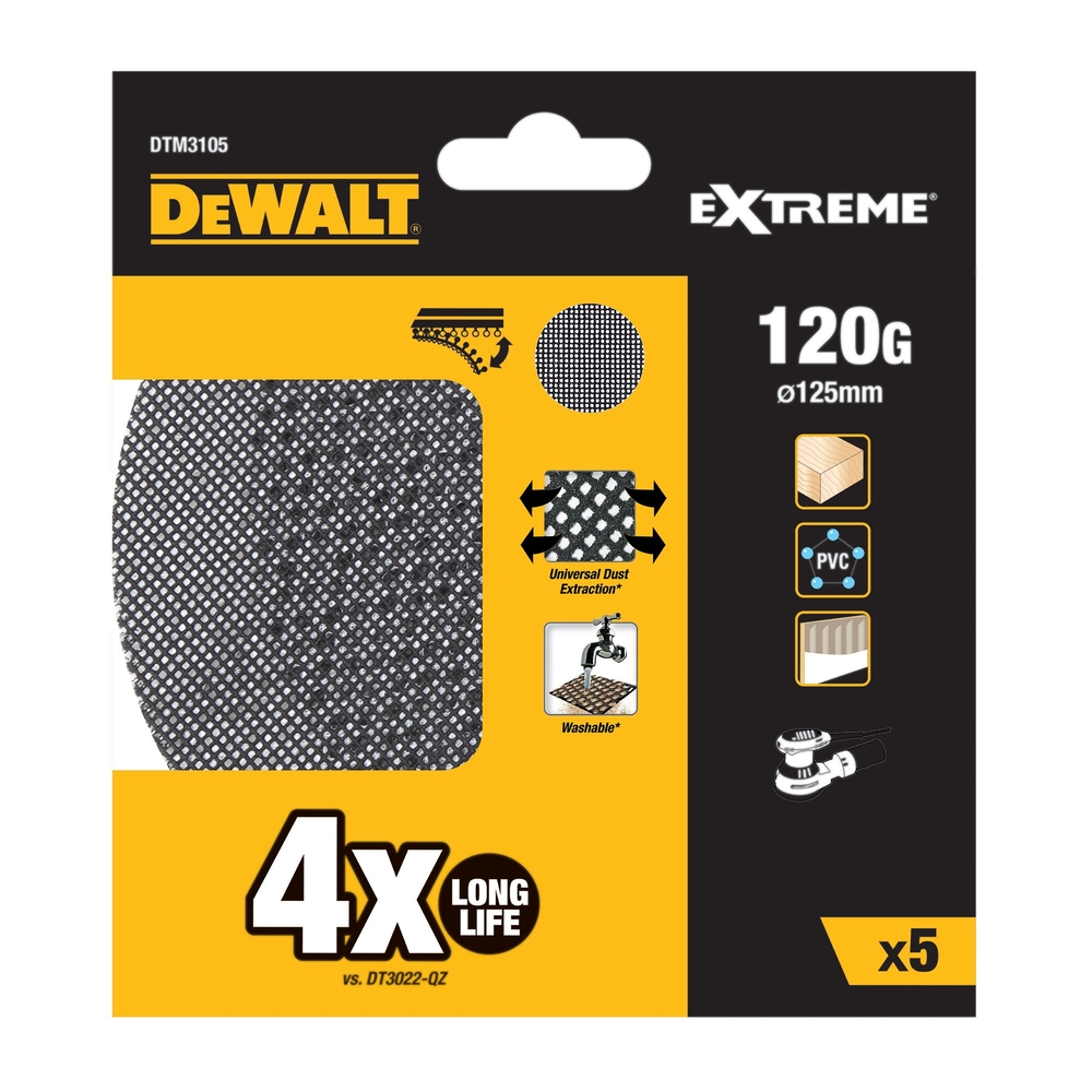Disque abrasif velcro - structure en maille durée de vie extra longue x4 ø125 mm - DTM3105-QZ - DEWALT