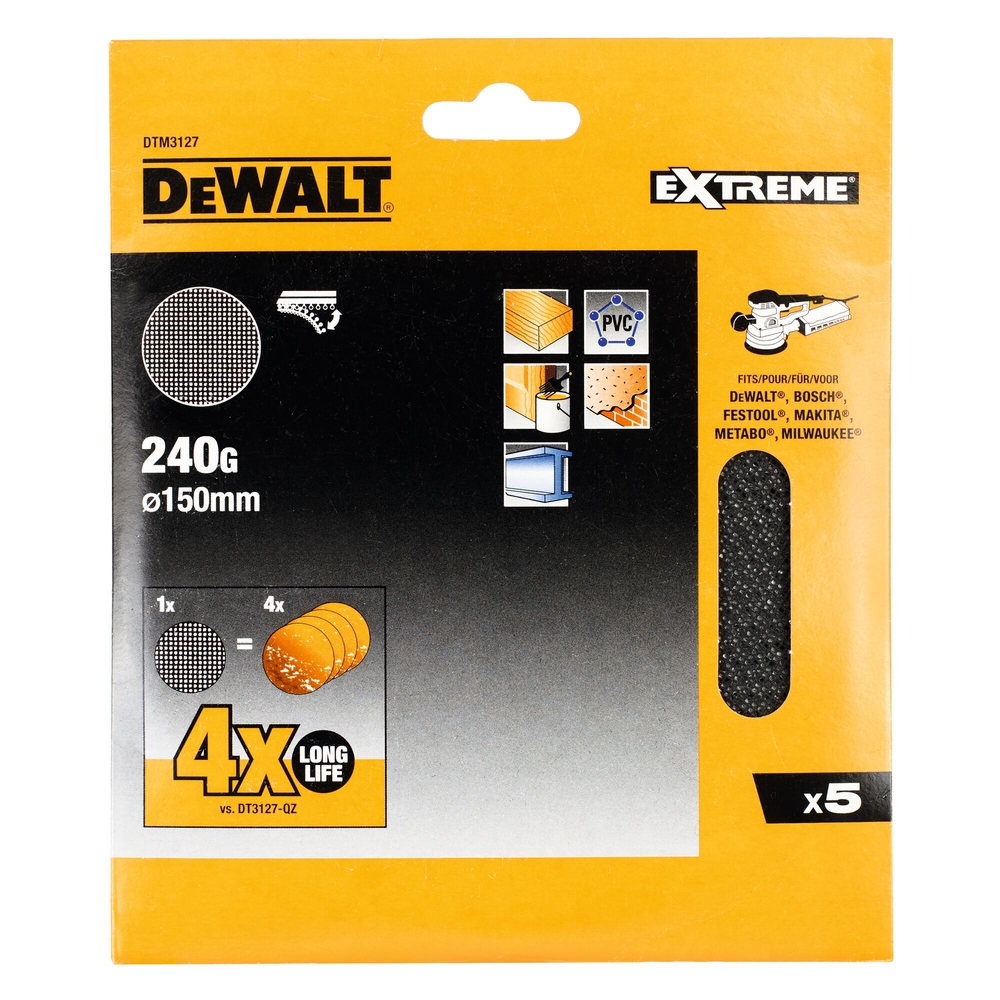 Disque abrasif velcro, structure en maille durée de vie X4 Ø150 mm grain 240 - DTM3127-QZ - DEWALT