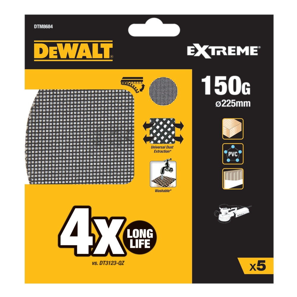 Disque abrasif velcro - structure en maille durée de vie extra longue x4 ø225 mm - DTM8684-QZ - DEWALT