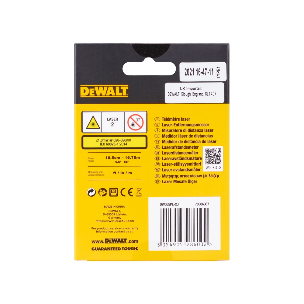 Télémètre de poche 16 m - batterie 3,7 V Li-ion intégrée, câble USB - DW055PL-XJ - DEWALT