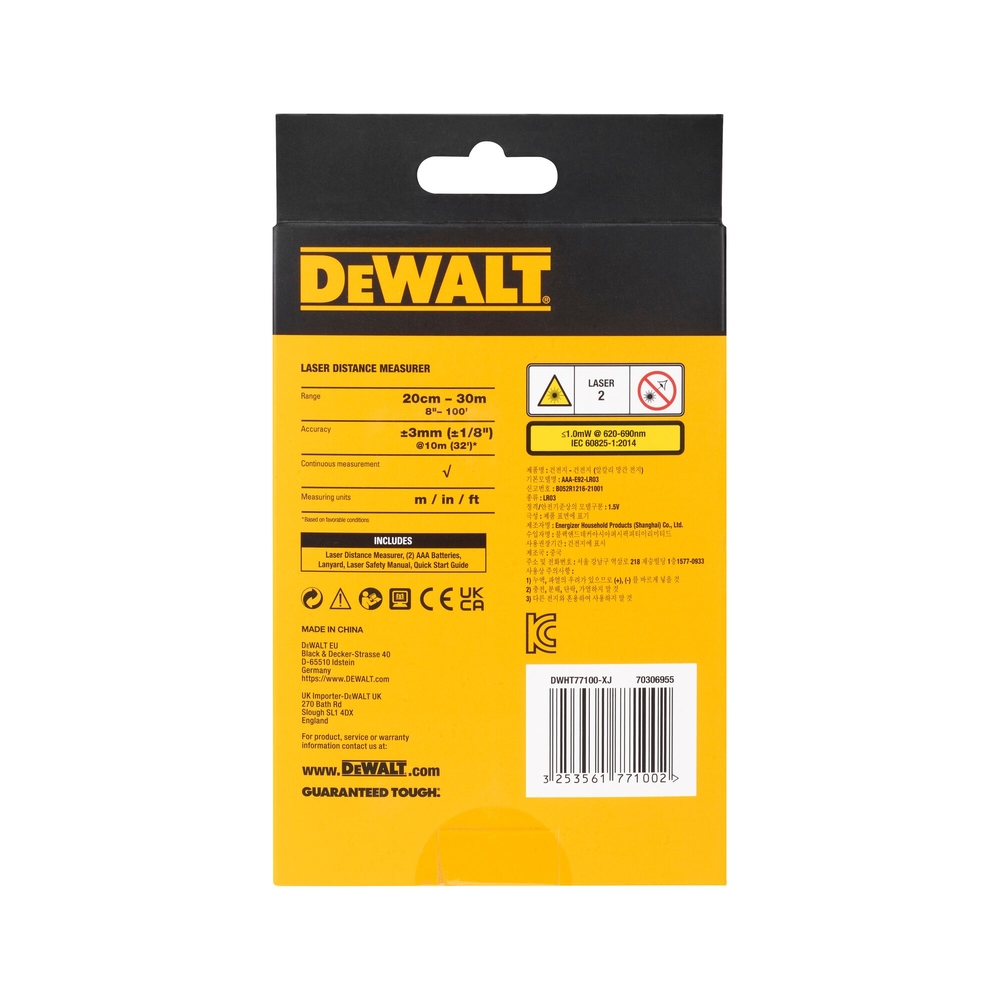Mesure laser 30 m - 2 piles AAA - DWHT77100-XJ - DEWALT