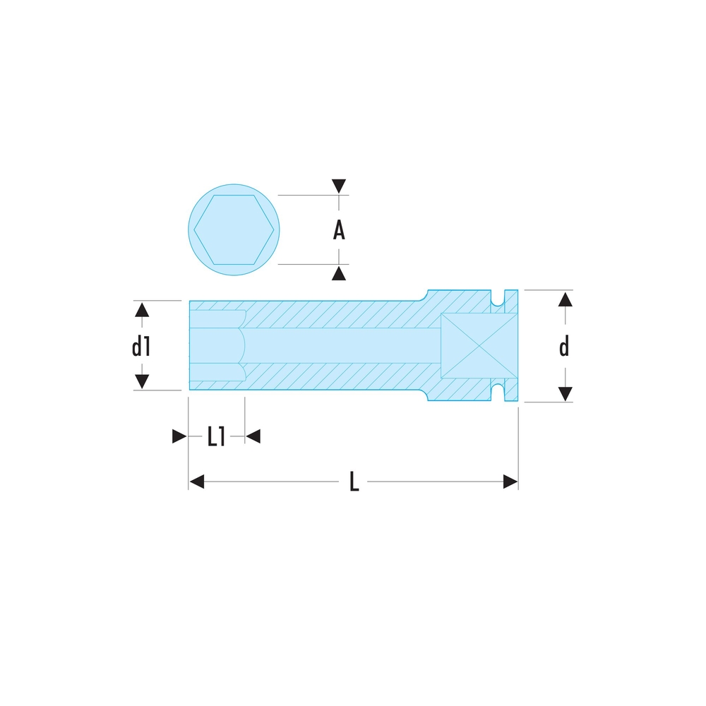 Douille impact longue parois fines, 6 pans métrique, 1/2
