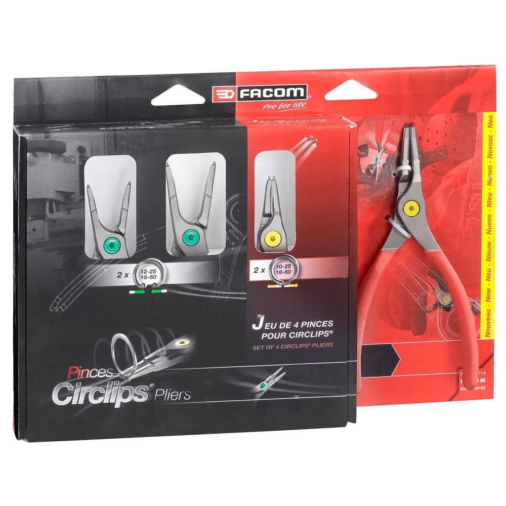 Jeu de 4 pinces pour Circlips bec droit 10 à 60 mm - Par 5 - FACOM - PCSNJ4