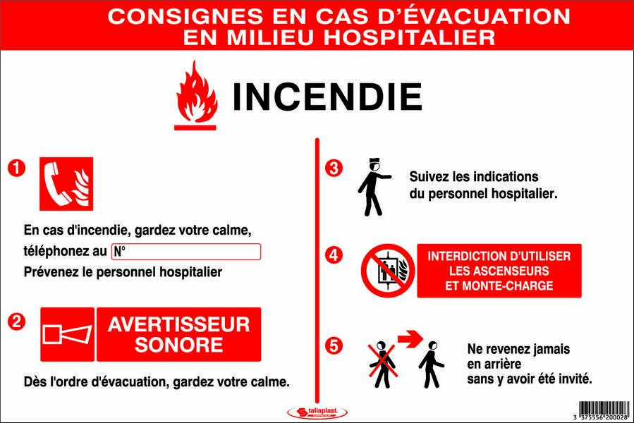 CONSIGNES INCENDIE EN MILIEU HOSPITALIER 450X300mm TALIAPLAST - 620002