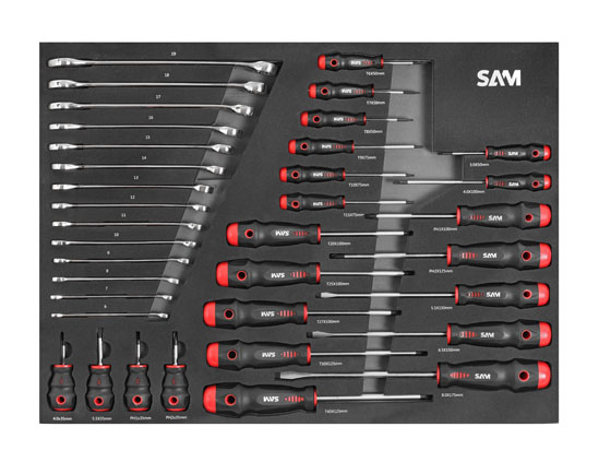COMPOSITION DE 300 OUTILS SAM OUTILLAGE AVEC SERVANTE ECONOMIQUE 6 TIROIRS SERVI-630N EN MODULES MOUSSE - CPP300PM