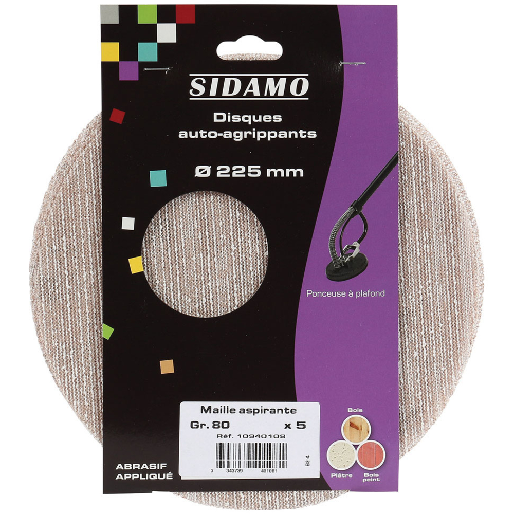 Disque auto-agrippant D225 mm pour ponçage, lissage et finition de plâtre, peinture et bois tendre SIDAMO - 10940108