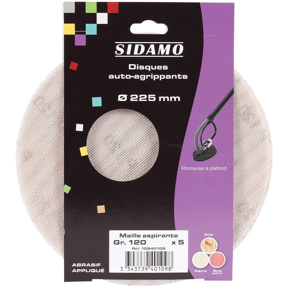 Disque auto-agrippant D225 mm pour travaux de ponçage, lissage et finition de peinture et bois tendre SIDAMO - 10940109