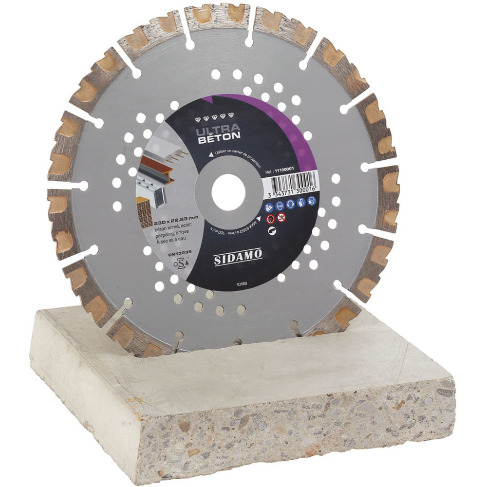 Disque diamant Ultra Béton pour tronçonnage à sec et à eau de béton armé, acier, parpaing, brique SIDAMO - 11130001