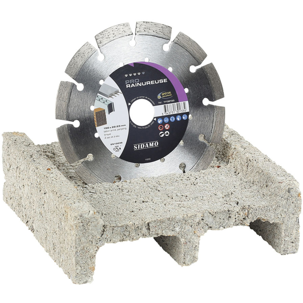 Disque diamant PRO RAINUREUSE pour tronçonnage à sec et à eau de béton armé, parpaing, brique SIDAMO - 11130134