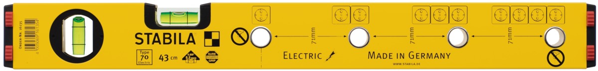 Niveau à bulle pour électriciens STABILA Type 70, longueur 43 cm - 16135