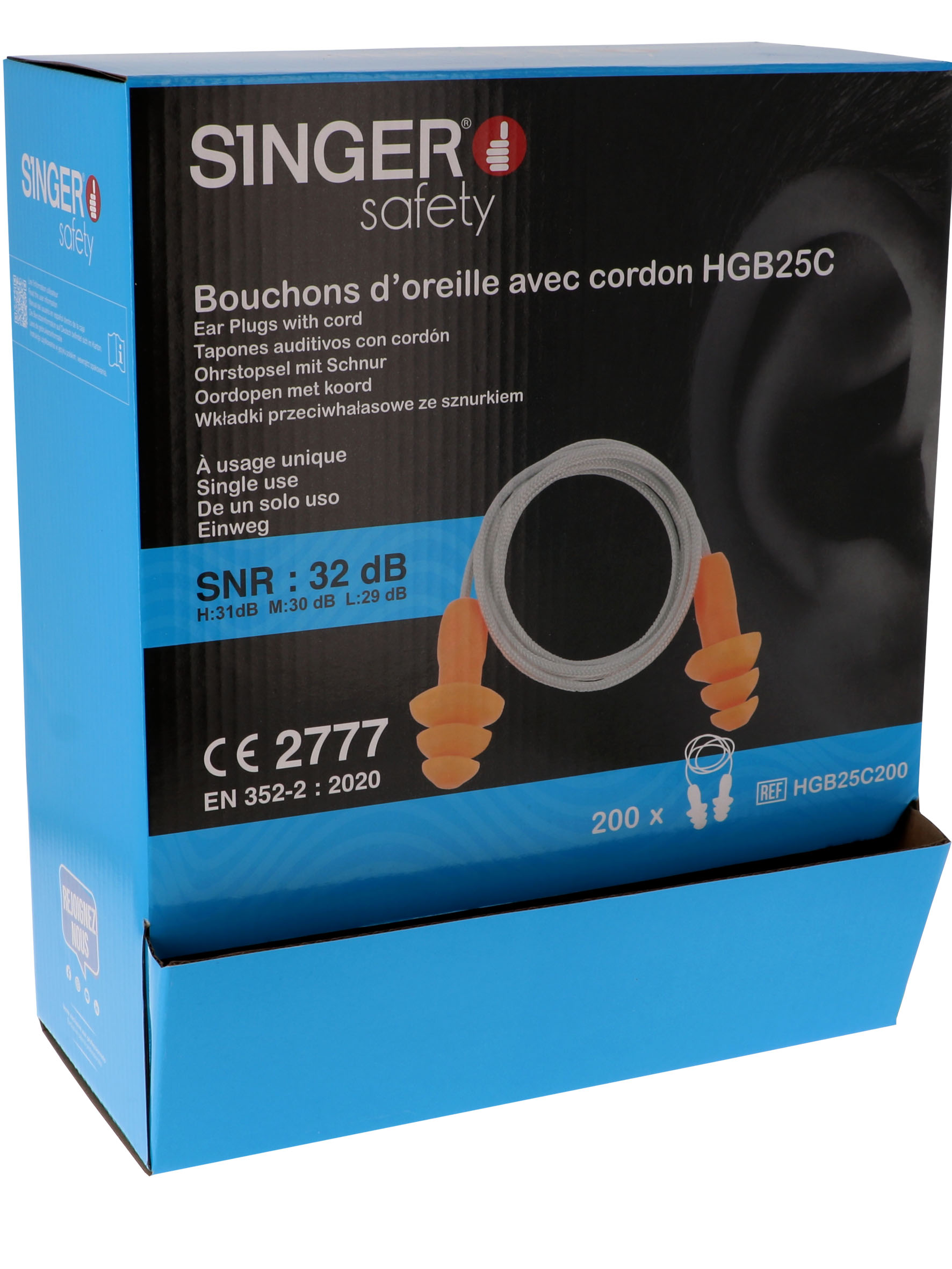 Bouchons d'oreille réutilisable TPE Cordon - Lot de 200 - SINGER - HGB25C200