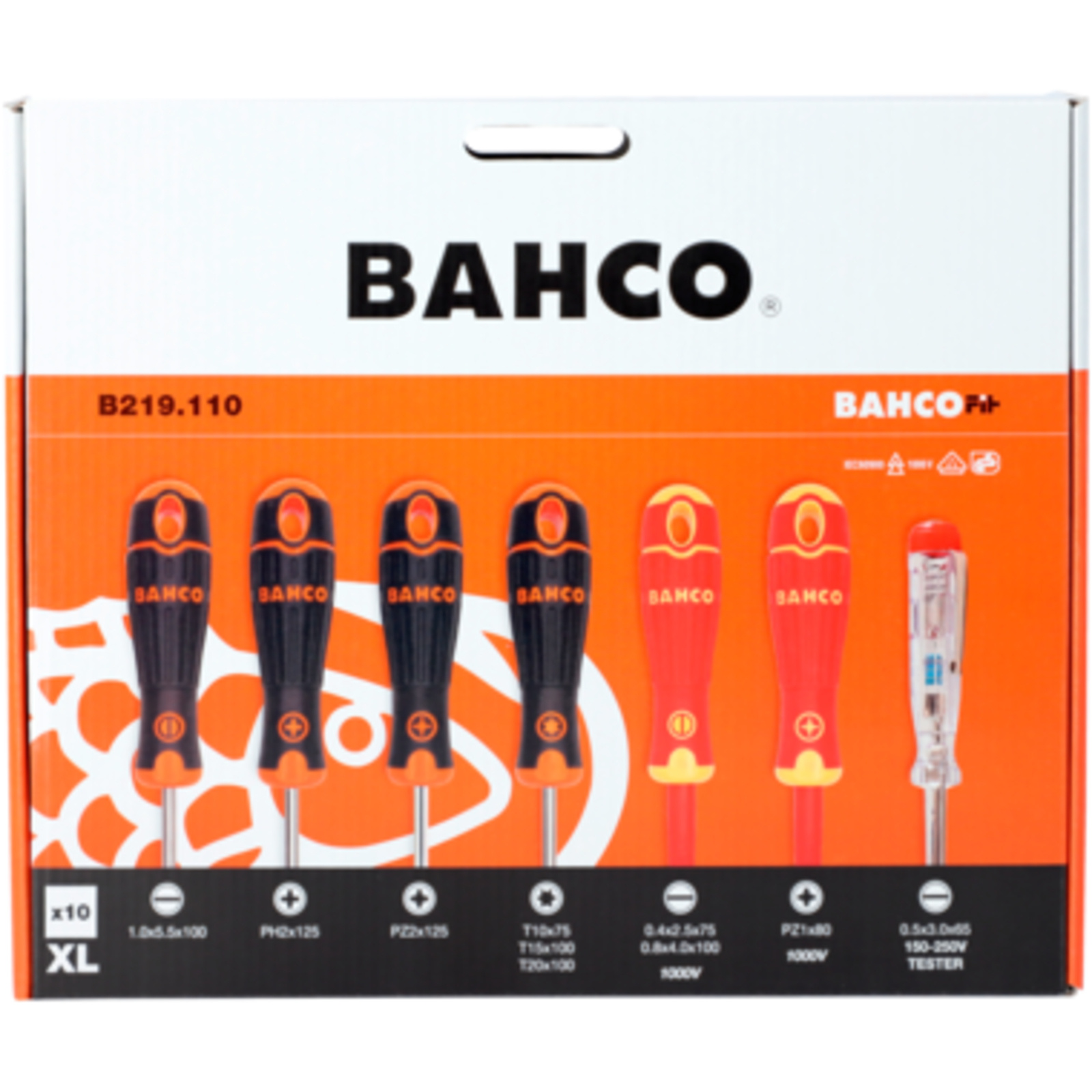 Jeu de tournevis BahcoFit 10 pièces fente Phillips Pozidriv Torx avec testeur tension BAHCO - B219.110