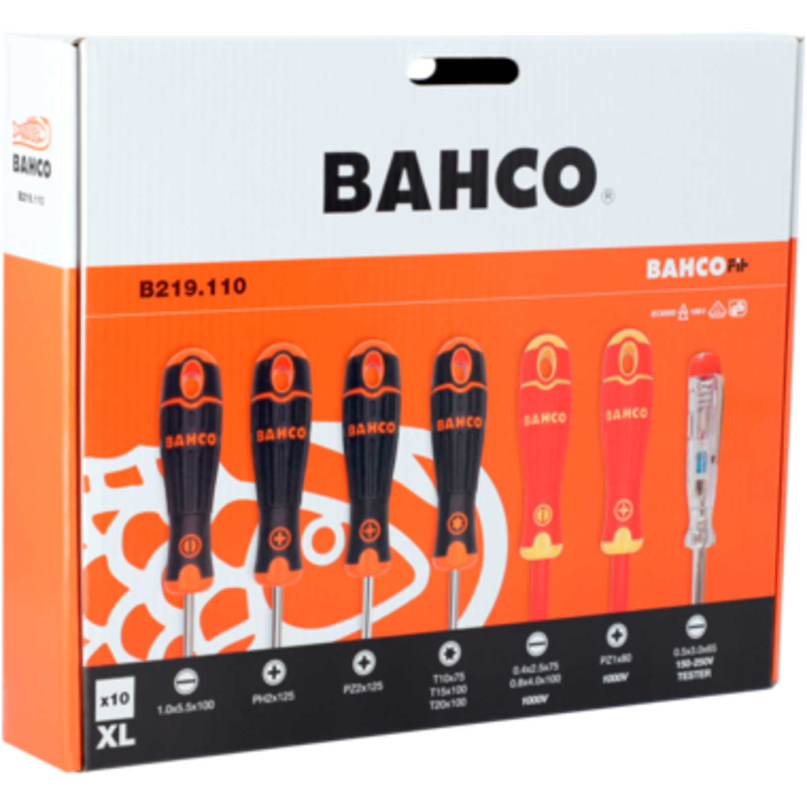 Jeu de tournevis BahcoFit 10 pièces fente Phillips Pozidriv Torx avec testeur tension BAHCO - B219.110