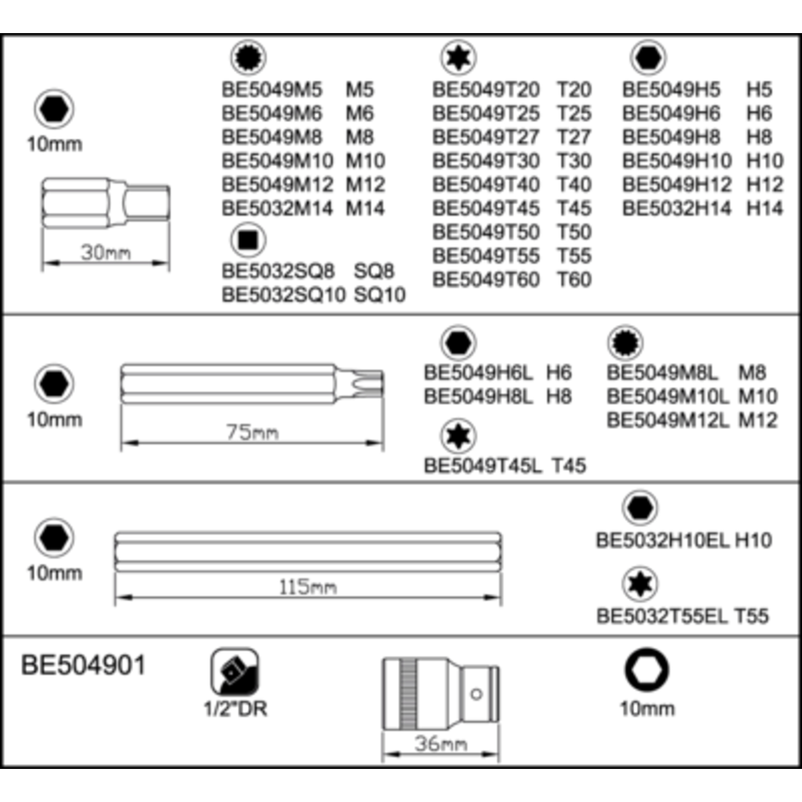 Coffret d'embouts 10 mm 32 pièces acier S2 avec boîtier mousse BAHCO - BE5032