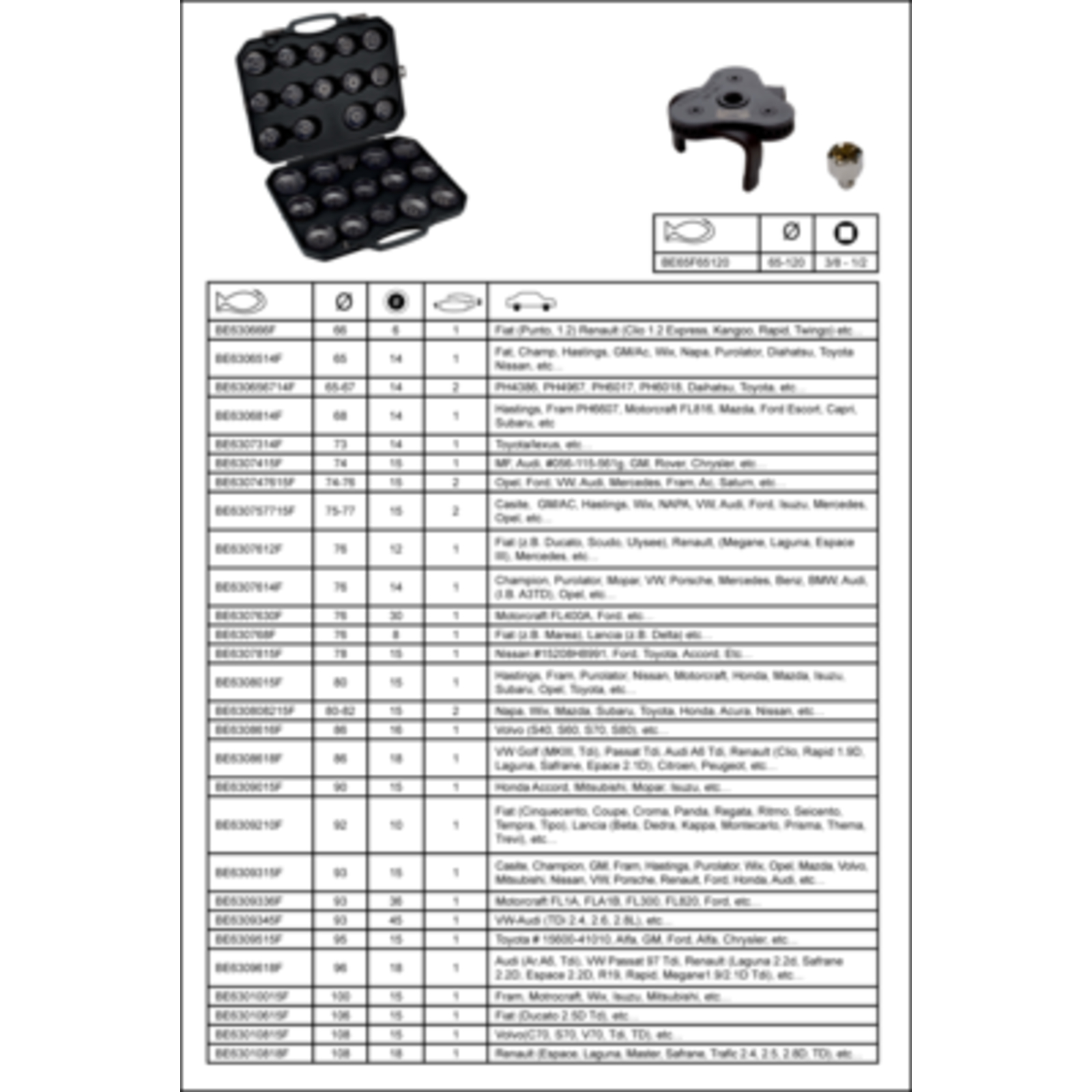 Coffret clés coiffe 28 pièces filtres à huile avec adaptateur 3/8''-1/2'' et clé plate BAHCO - BE630