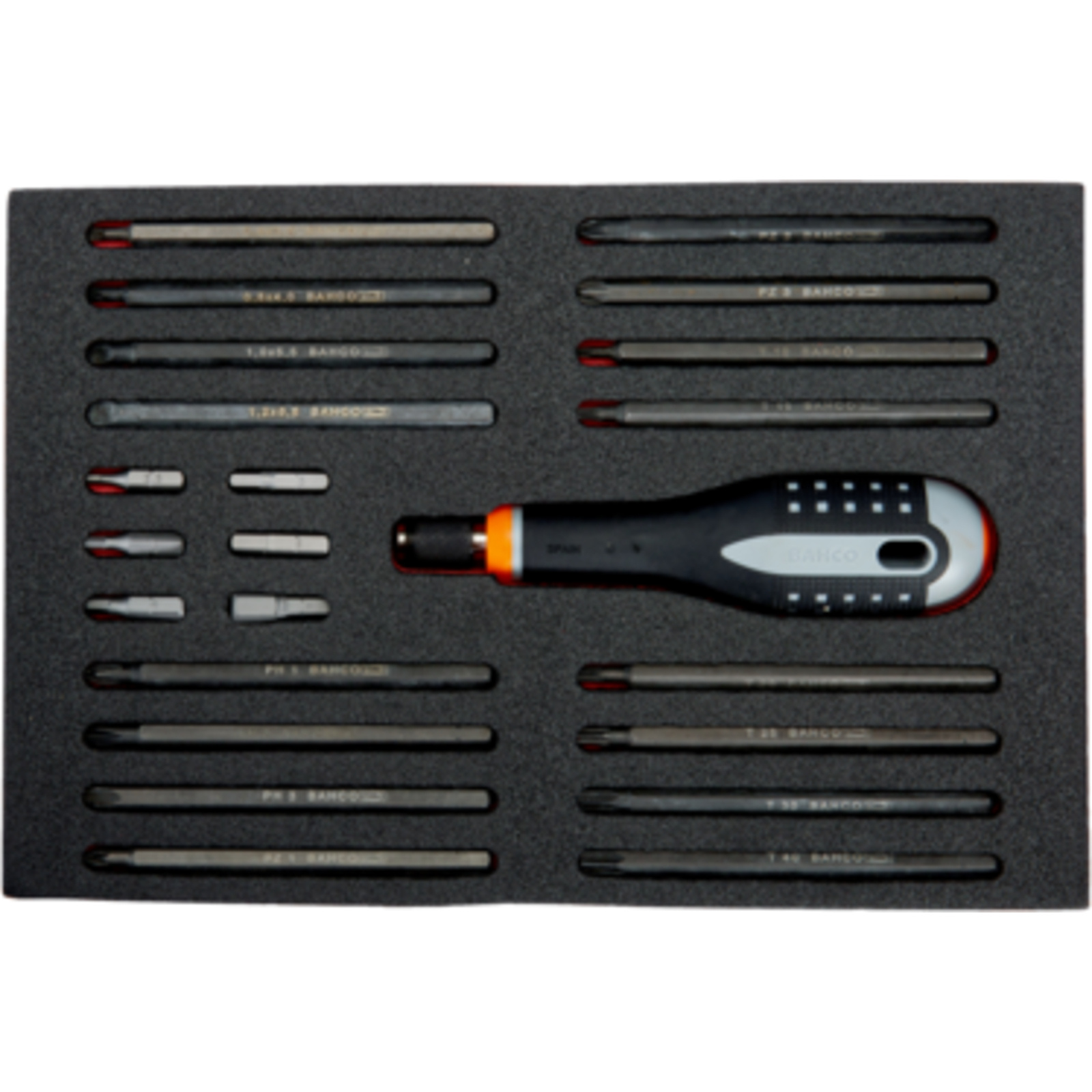 Tournevis ERGO 22 pièces avec poignée caoutchouc et embouts interchangeables fente/Phillips/Pozidriv/TORX BAHCO - BE-8576