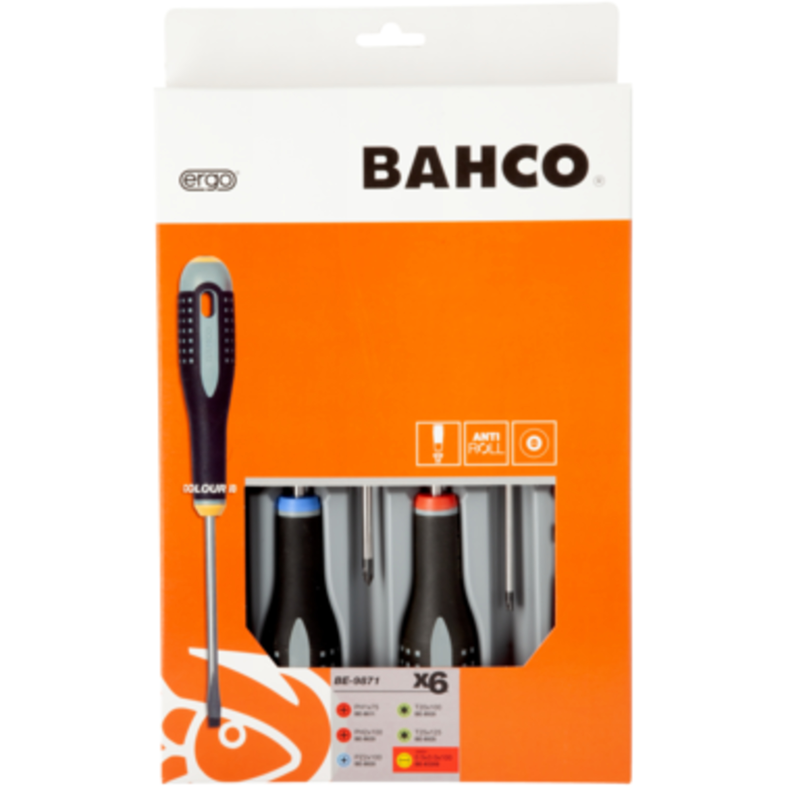 Jeu de tournevis 6 pcs fente/Phillips/Pozidriv/TORX ERGO poignée caoutchouc BAHCO - BE-9871