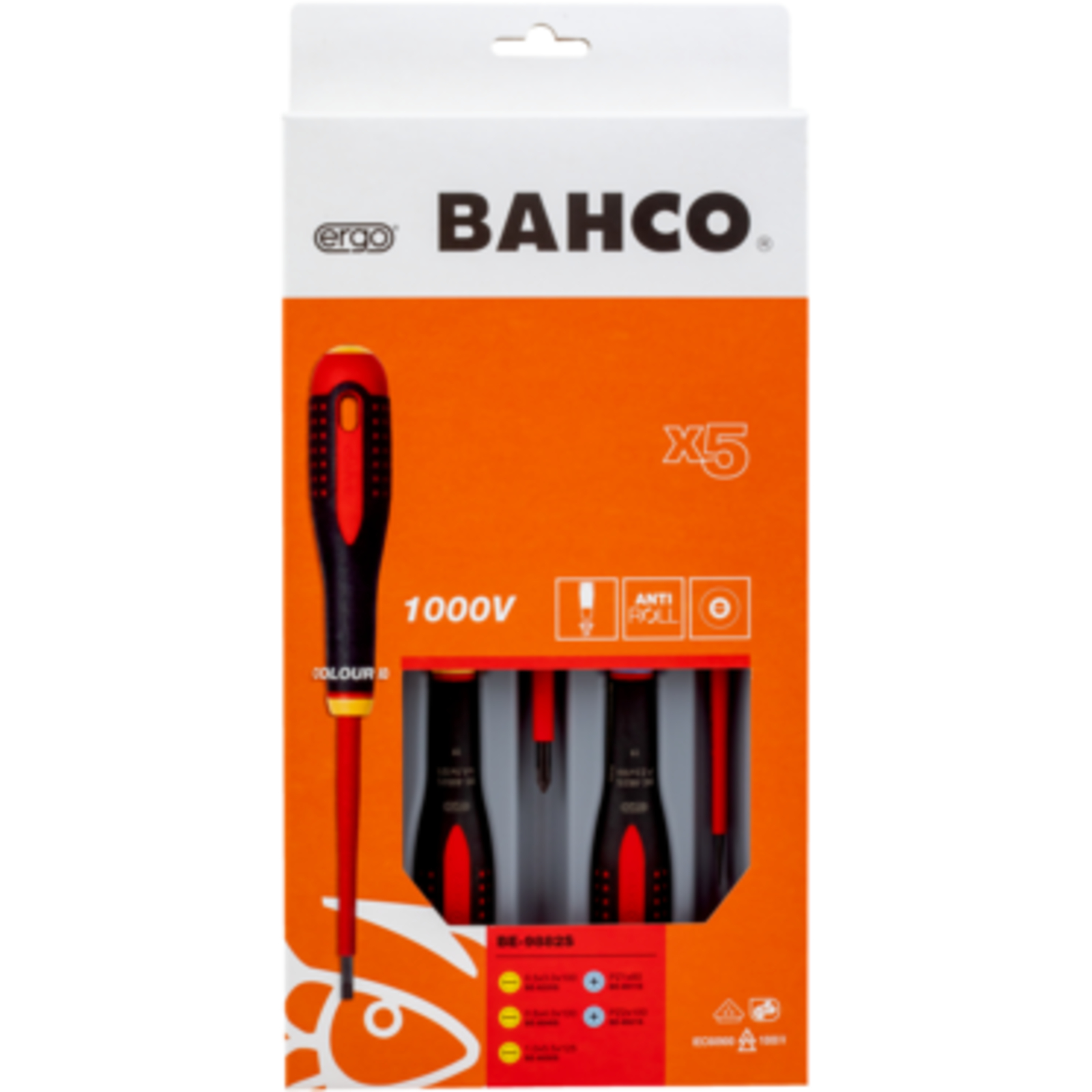 Jeu de tournevis isolés VDE ERGO fente et Pozidriv 5 pcs manche tri-matière BAHCO - BE-9882S