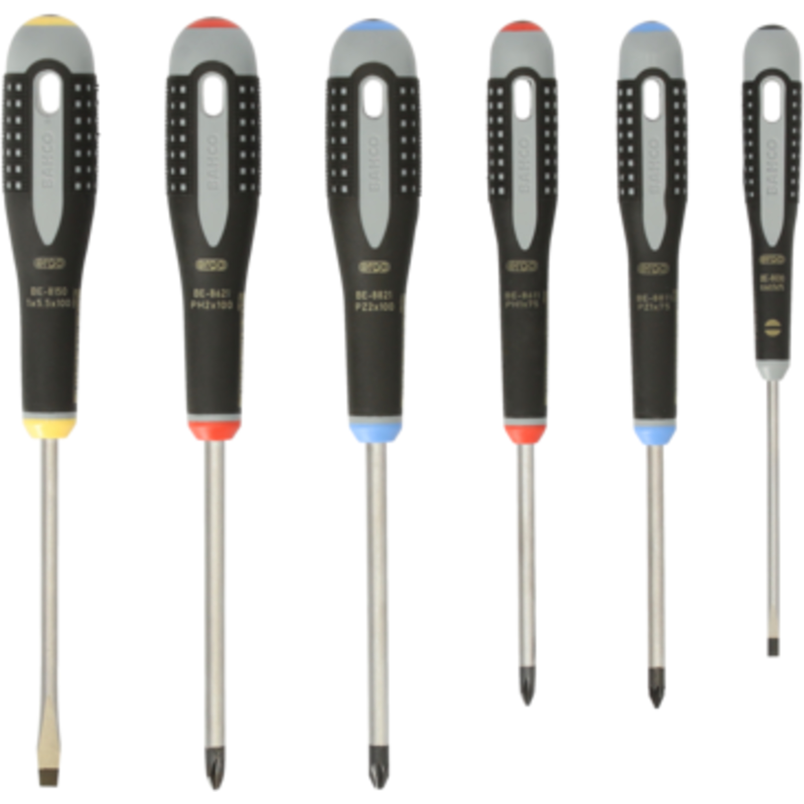 Jeu de tournevis lame fraisée et forgée vis fente/Phillips/Pozidriv ERGO 6 pcs avec poignée caoutchouc BAHCO - BE-9886
