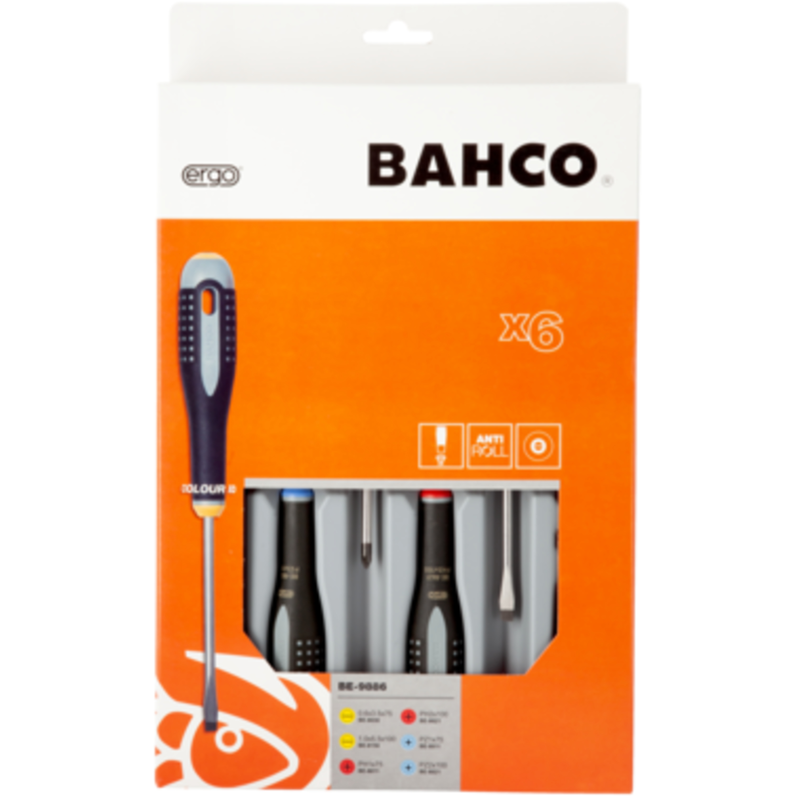 Jeu de tournevis lame fraisée et forgée vis fente/Phillips/Pozidriv ERGO 6 pcs avec poignée caoutchouc BAHCO - BE-9886