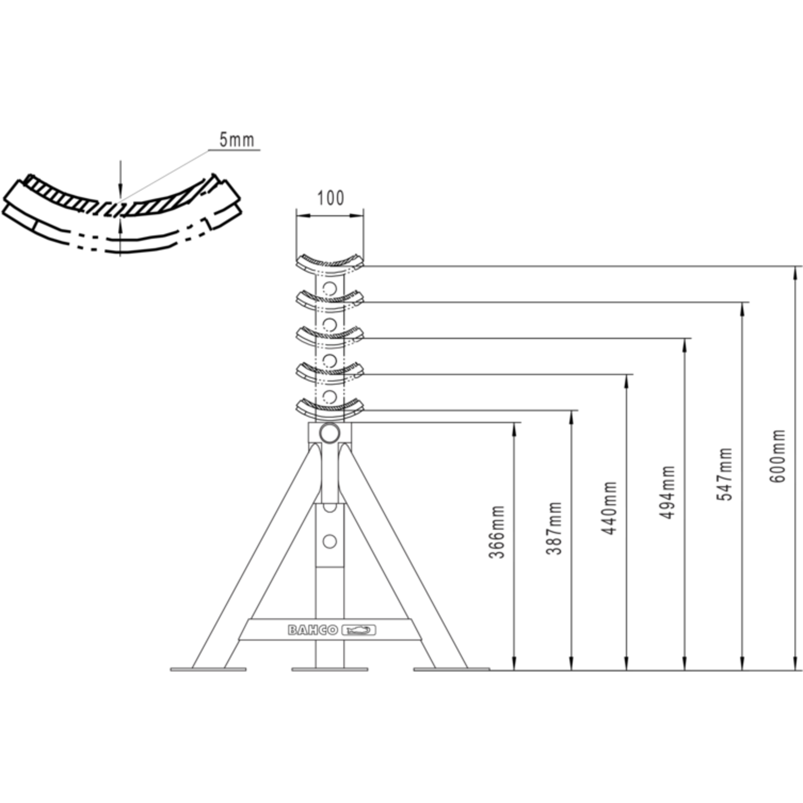 Chandelle usage intensif 8 T hauteur max 600 mm avec selle caoutchouc BAHCO - BH3HD8000