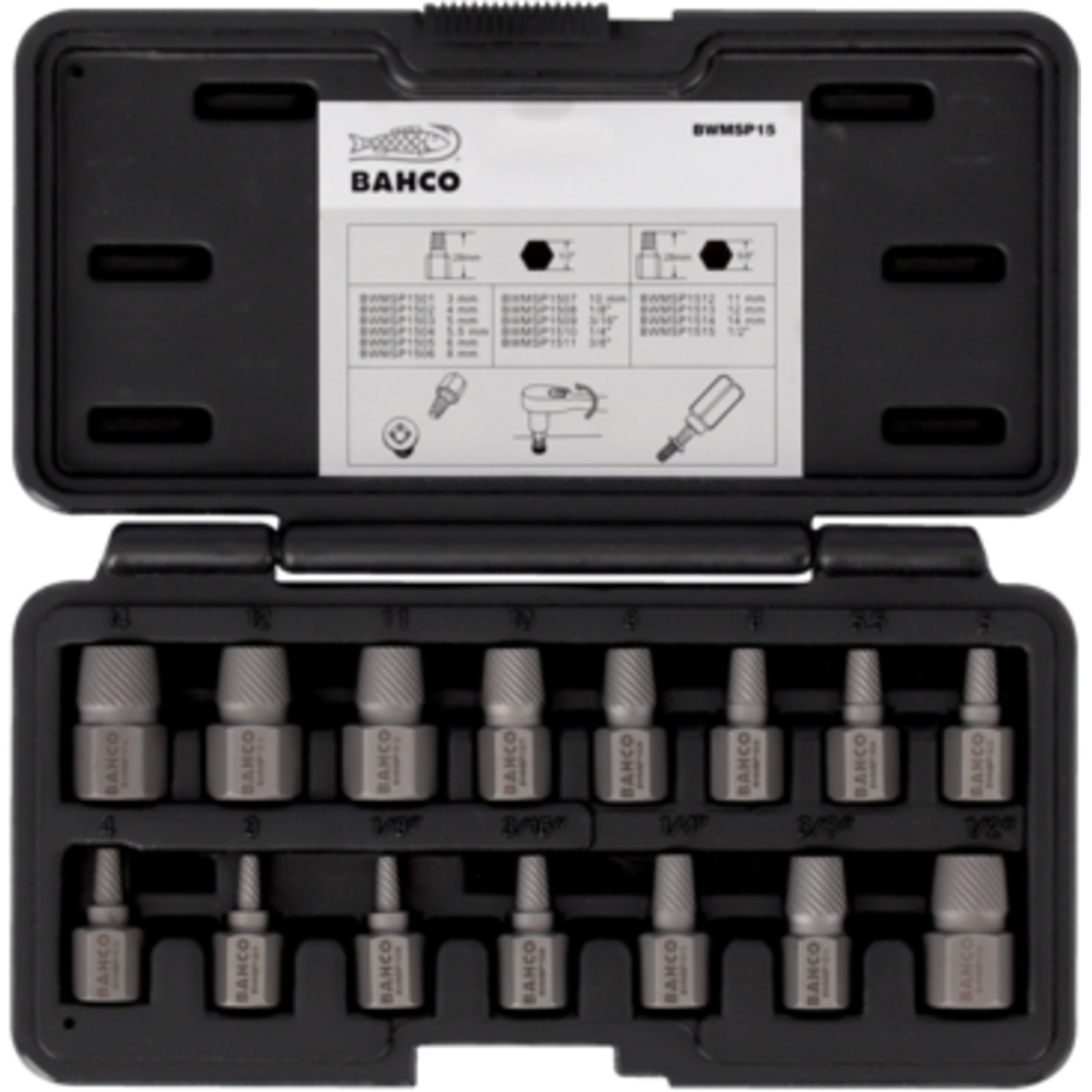 Jeu d’extracteurs de goujons 15 pièces 110 x 250 x 40 mm BAHCO - BWMSP15