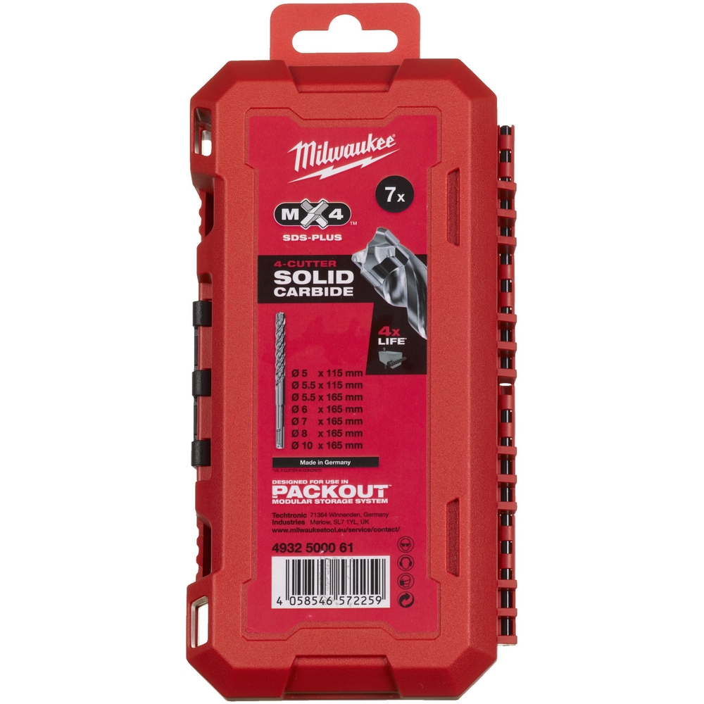 Set de 7 forêts SDS+ 4 taillants MX4 -UK MILWAUKEE 5,5 / 6 x 115 mm et 5 / 5,5 / 6 / 8 / 10 x 165 mm. - 4932500061