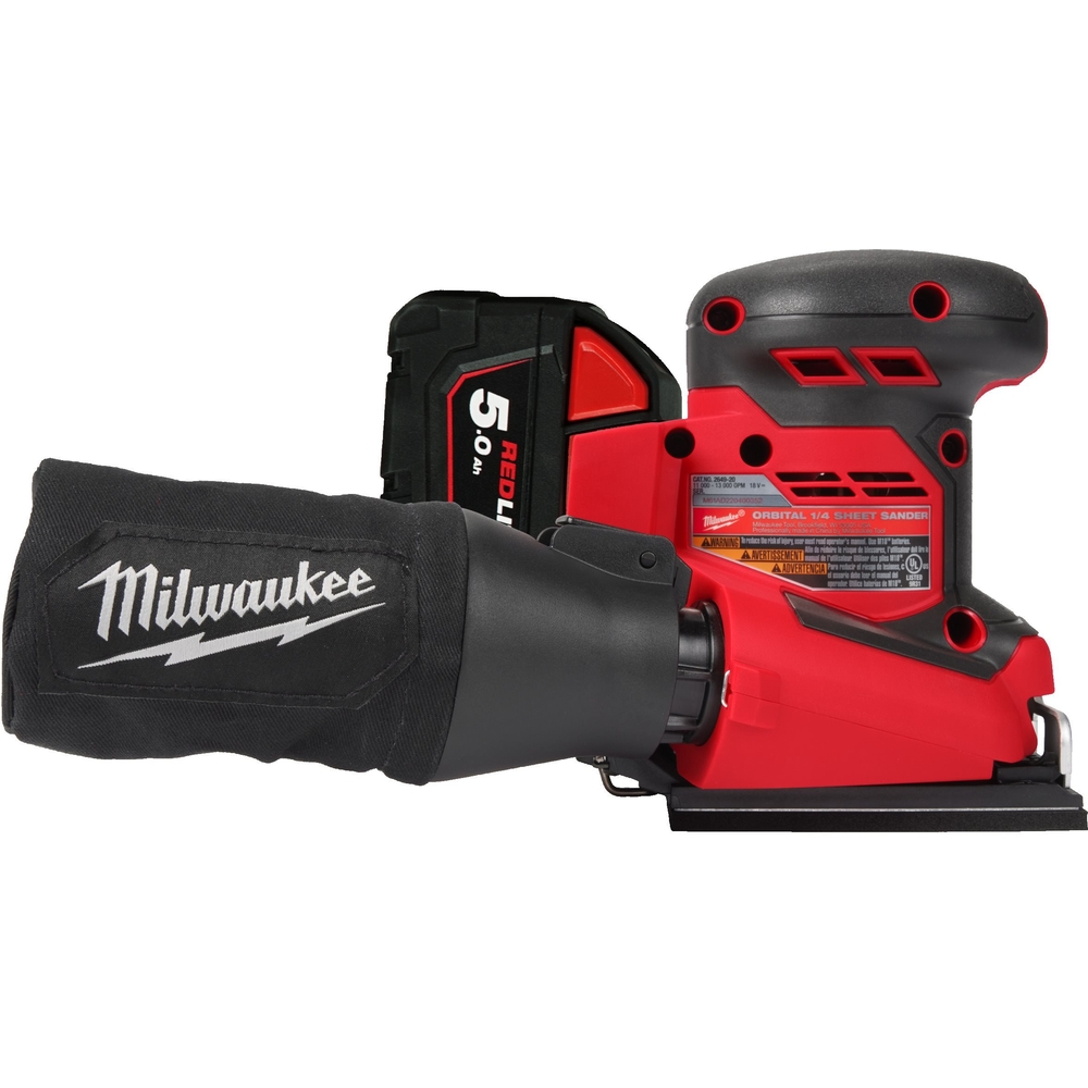 Ponceuse vibrante 1/4 feuille, 18V, 5.0Ah - Sac, 2 batteries M18 B5, 1 chargeur M18-12FC MILWAUKEE - 4933479967