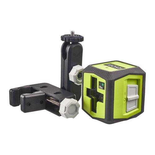 Laser croix vert - portée 15 m - précision +/- 0,5 mm - Livré avec une pince de fixation et 2 piles RYOBI - 5133004864