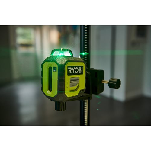 Laser 360° vert - portée 25 m - précision +/- 0,5 mm - Livré avec une canne télescopique, une pochette, 4 piles RYOBI - 5133005311