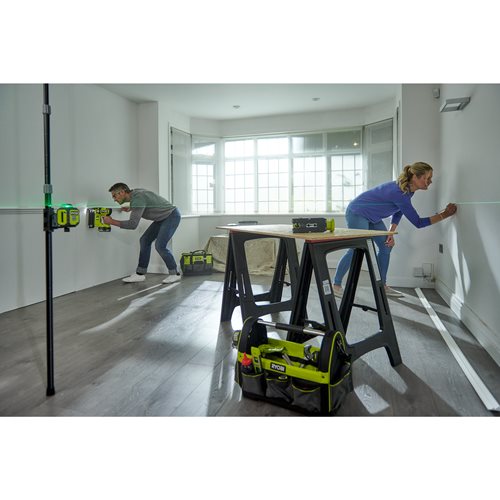 Laser 360° vert - portée 25 m - précision +/- 0,5 mm - Livré avec une canne télescopique, une pochette, 4 piles RYOBI - 5133005311
