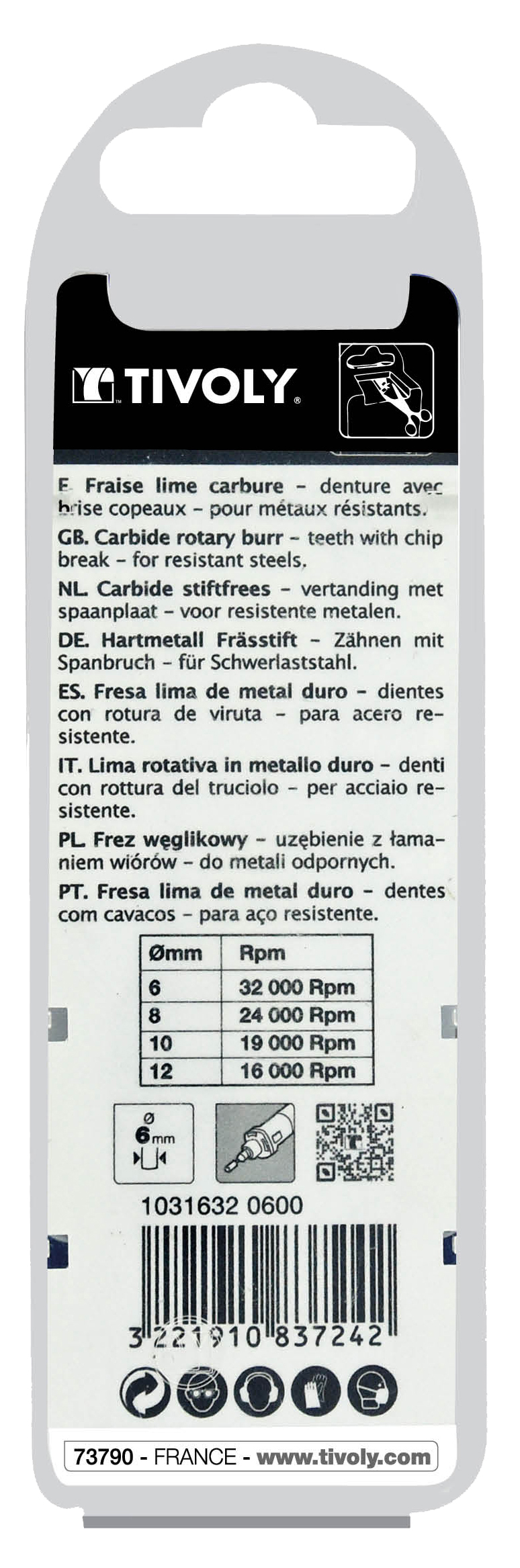 Fraise lime carbure Cylindrique en bout Denture normale brise copeaux Forme D # / Ø: 6 / d2: 6 / L: 50 TIVOLY - 10316320600