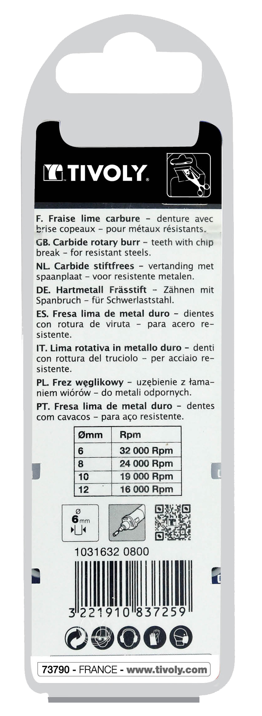 Fraise lime carbure Cylindrique en bout Denture normale brise copeaux Forme D # / Ø: 8 / d2: 6 / L: 65 TIVOLY - 10316320800