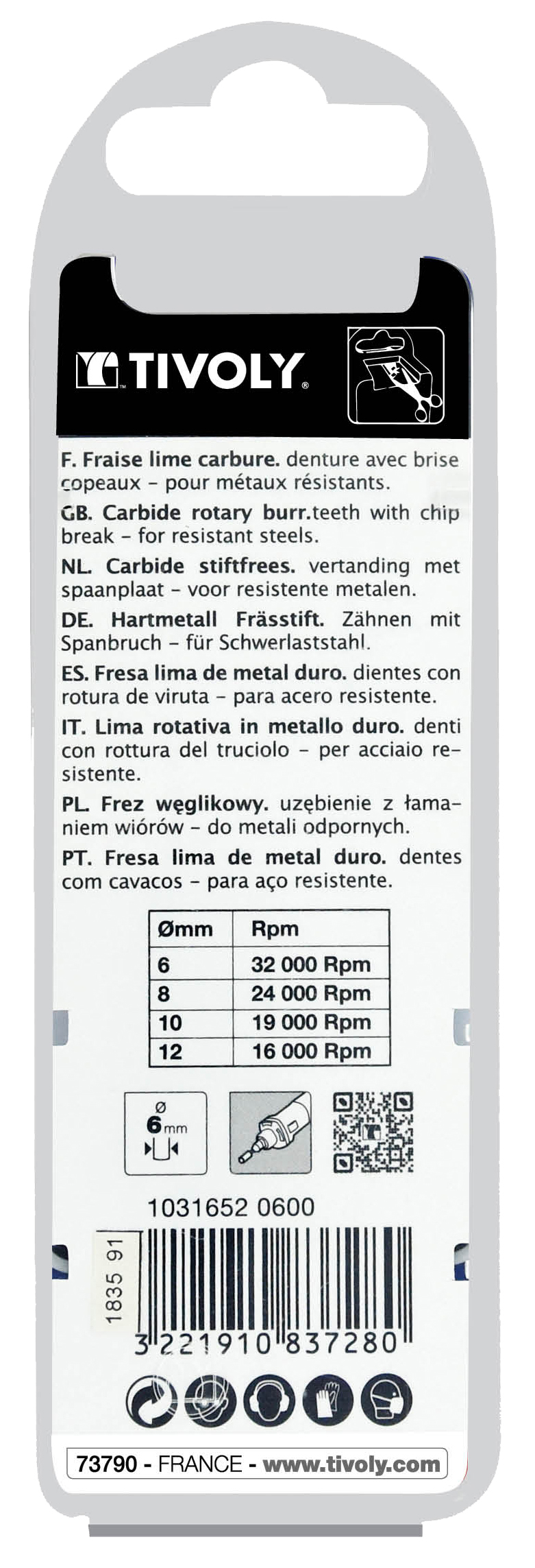 Fraise lime carbure Cylindrique à rayon Denture normale brise copeaux Forme D # / Ø: 6 / d2: 6 / L: 50 TIVOLY - 10316520600