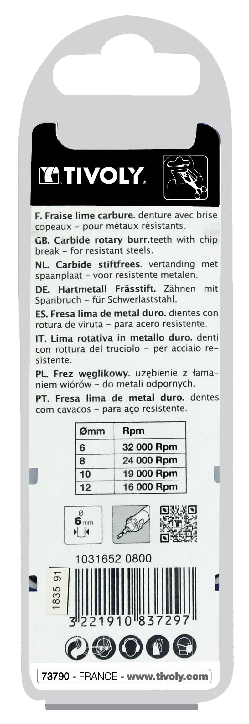 Fraise lime carbure Cylindrique à rayon Denture normale brise copeaux Forme D # / Ø: 8 / d2: 6 / L: 65 TIVOLY - 10316520800