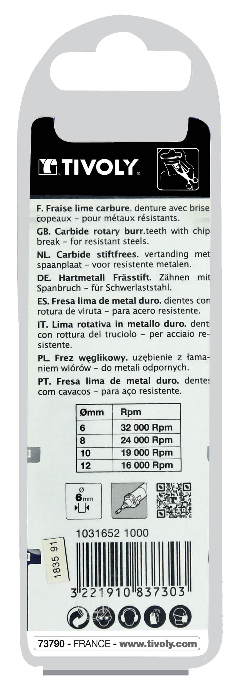Fraise lime carbure Cylindrique à rayon Denture normale brise copeaux Forme D # / Ø: 10 / d2: 6 / L: 65 TIVOLY - 10316521000