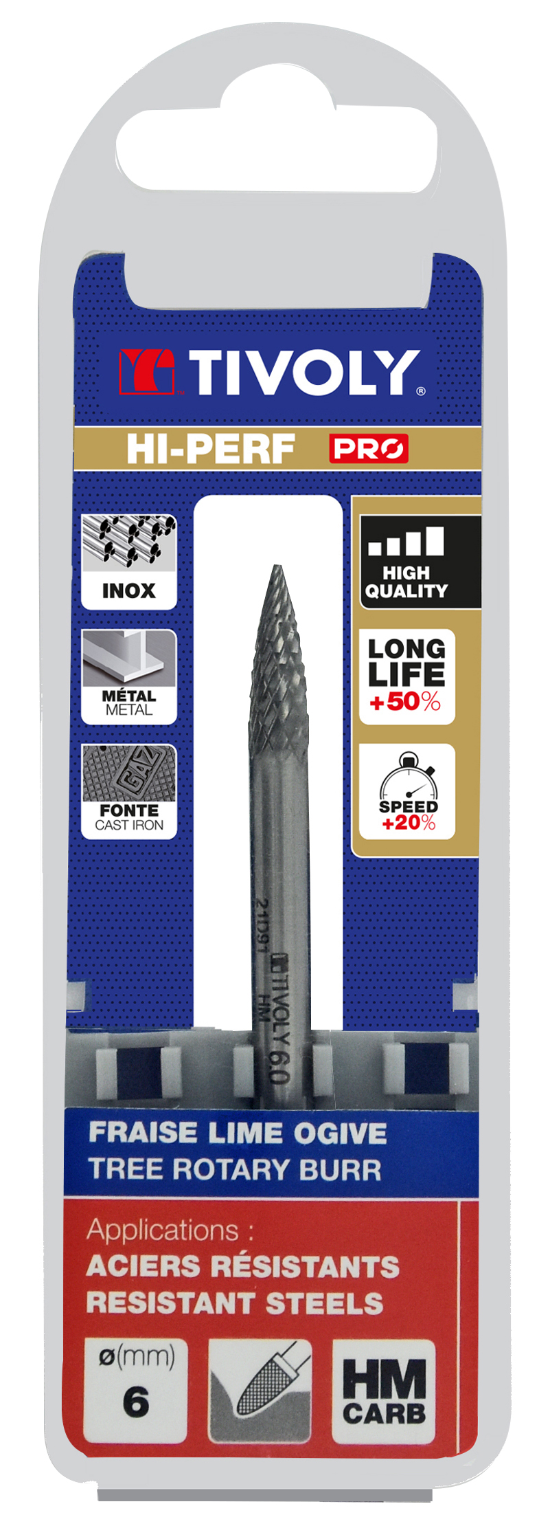 Fraise lime carbure Ogive Denture normale brise copeaux Forme D # / Ø: 6 / d2: 6 / L: 50 TIVOLY - 10317920600