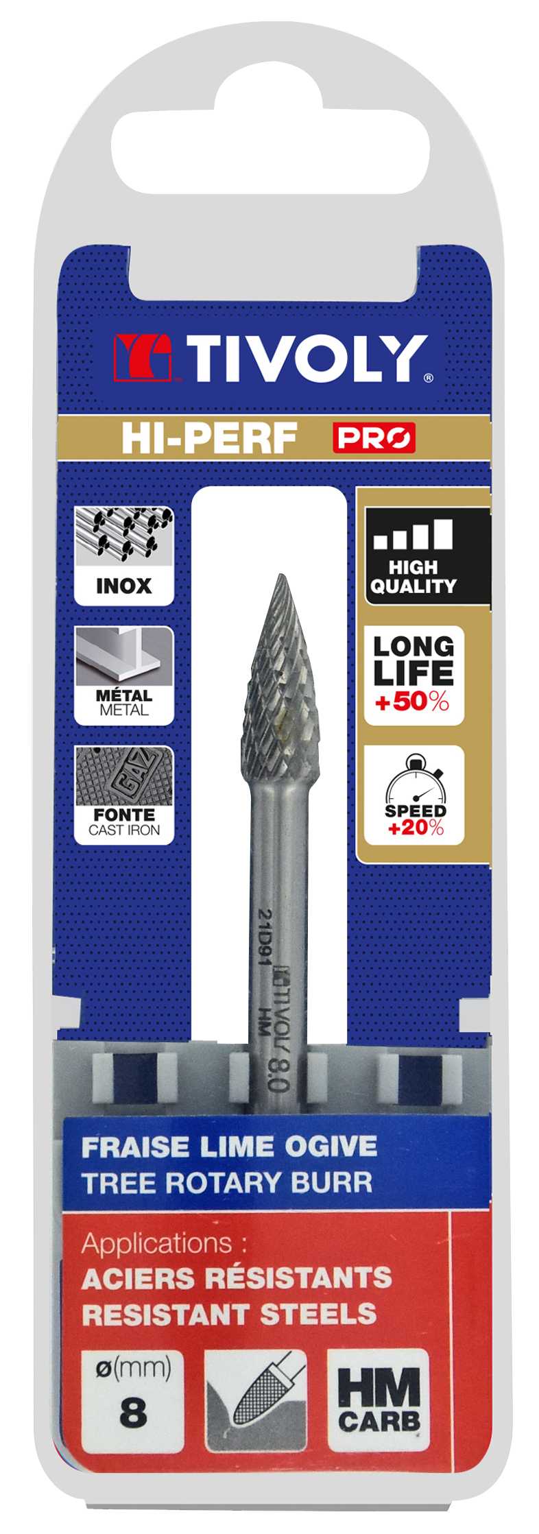 Fraise lime carbure Ogive Denture normale brise copeaux Forme D # / Ø: 8 / d2: 6 / L: 63 TIVOLY - 10317920800