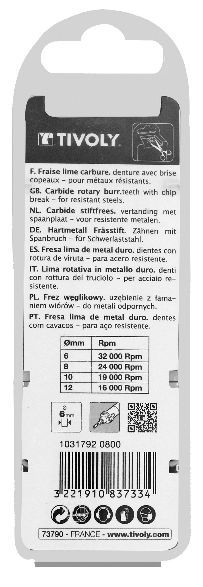 Fraise lime carbure Ogive Denture normale brise copeaux Forme D # / Ø: 8 / d2: 6 / L: 63 TIVOLY - 10317920800