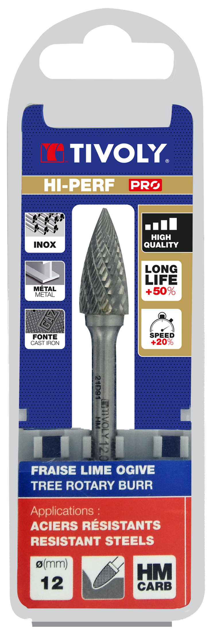 Fraise lime carbure Ogive Denture normale brise copeaux Forme D # / Ø: 12 / d2: 6 / L: 70 TIVOLY - 10317921200