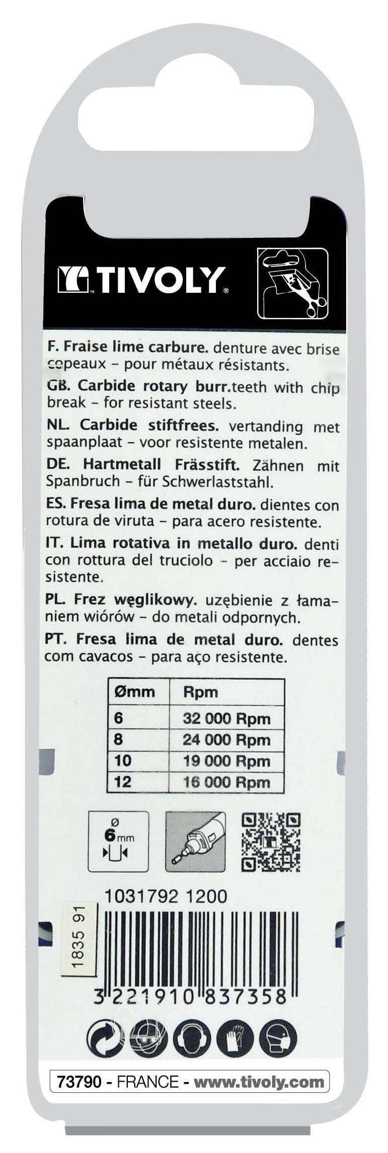 Fraise lime carbure Ogive Denture normale brise copeaux Forme D # / Ø: 12 / d2: 6 / L: 70 TIVOLY - 10317921200