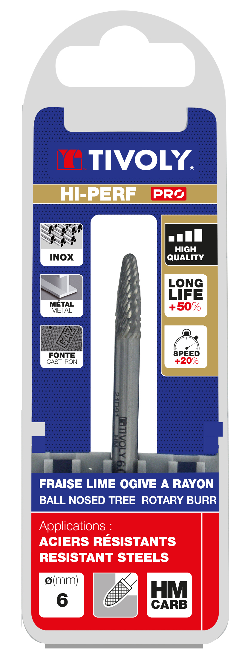 Fraise lime carbure Ogive à rayon Denture normale brise copeaux Forme D # / Ø: 6 / d2: 6 / L: 50 TIVOLY - 10318320600