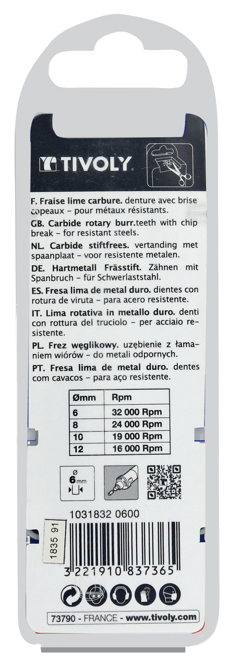 Fraise lime carbure Ogive à rayon Denture normale brise copeaux Forme D # / Ø: 6 / d2: 6 / L: 50 TIVOLY - 10318320600