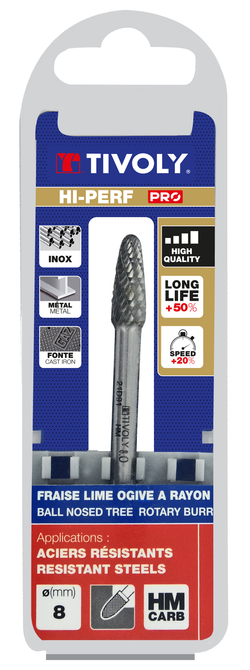 Fraise lime carbure Ogive à rayon Denture normale brise copeaux Forme D # / Ø: 8 / d2: 6 / L: 63 TIVOLY - 10318320800