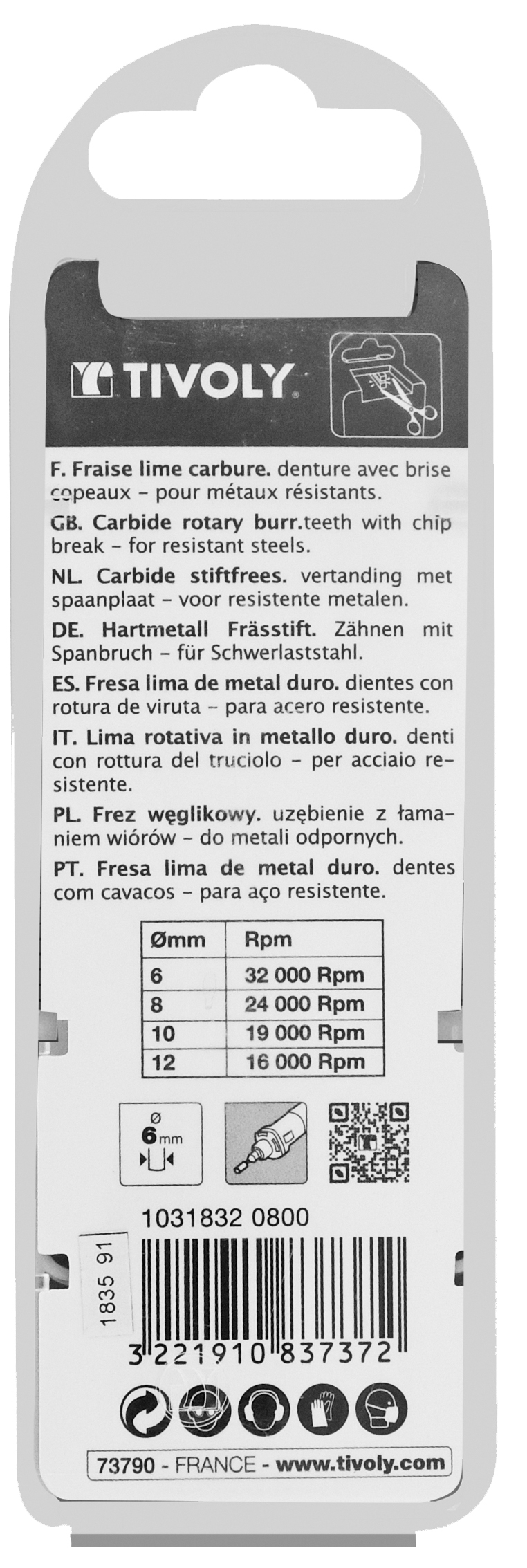 Fraise lime carbure Ogive à rayon Denture normale brise copeaux Forme D # / Ø: 8 / d2: 6 / L: 63 TIVOLY - 10318320800