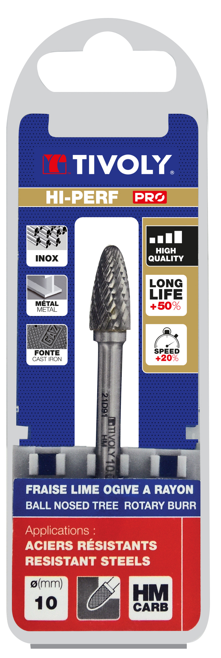 Fraise lime carbure Ogive à rayon Denture normale brise copeaux Forme D # / Ø: 10 / d2: 6 / L: 65 TIVOLY - 10318321000