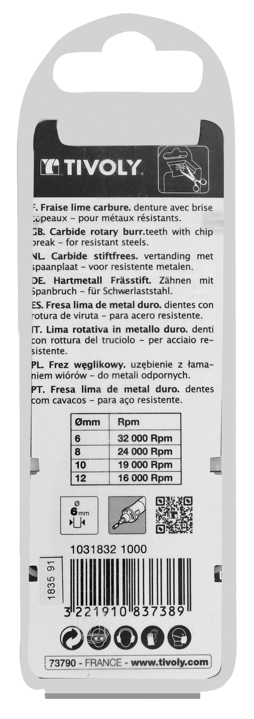 Fraise lime carbure Ogive à rayon Denture normale brise copeaux Forme D # / Ø: 10 / d2: 6 / L: 65 TIVOLY - 10318321000