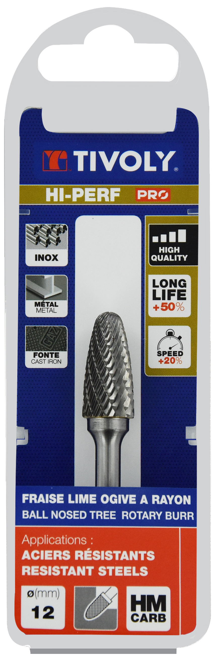 Fraise lime carbure Ogive à rayon Denture normale brise copeaux Forme D # / Ø: 12 / d2: 6 / L: 70 TIVOLY - 10318321200