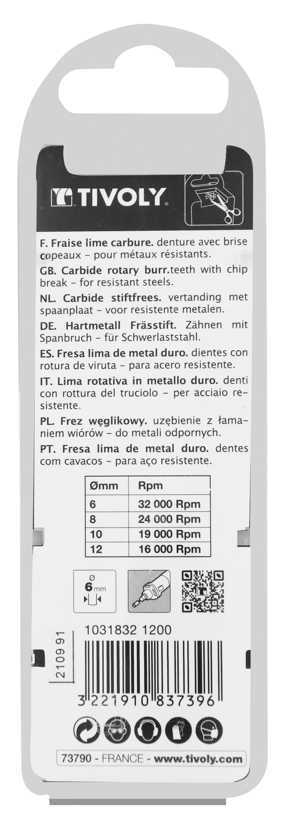 Fraise lime carbure Ogive à rayon Denture normale brise copeaux Forme D # / Ø: 12 / d2: 6 / L: 70 TIVOLY - 10318321200