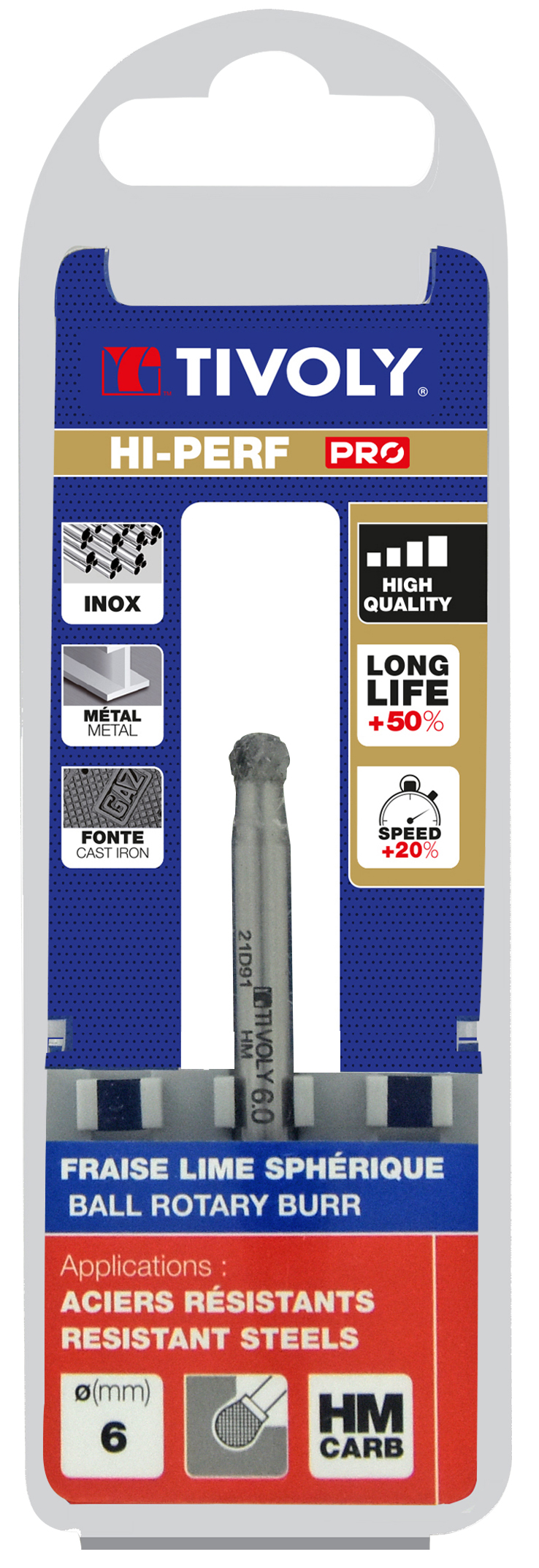 Fraise lime carbure Sphérique Denture normale brise copeaux Forme D # / Ø: 6 / d2: 6 / L: 50 TIVOLY - 10318520600
